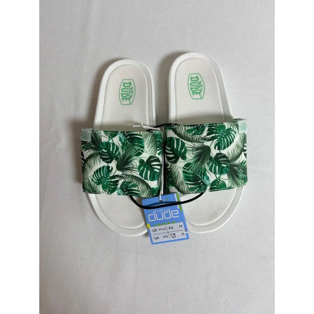 Hey Dude Chandler Youth Slides Size 1-2 Summerdendron New Tropical Palm Sandals